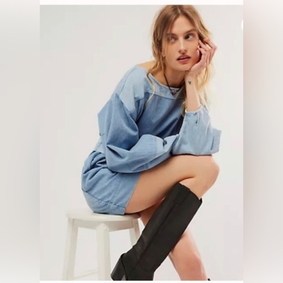 Free People Ora Dark Combo Denim belted Mini Dress‎ size XS new - Picture 5 of 5